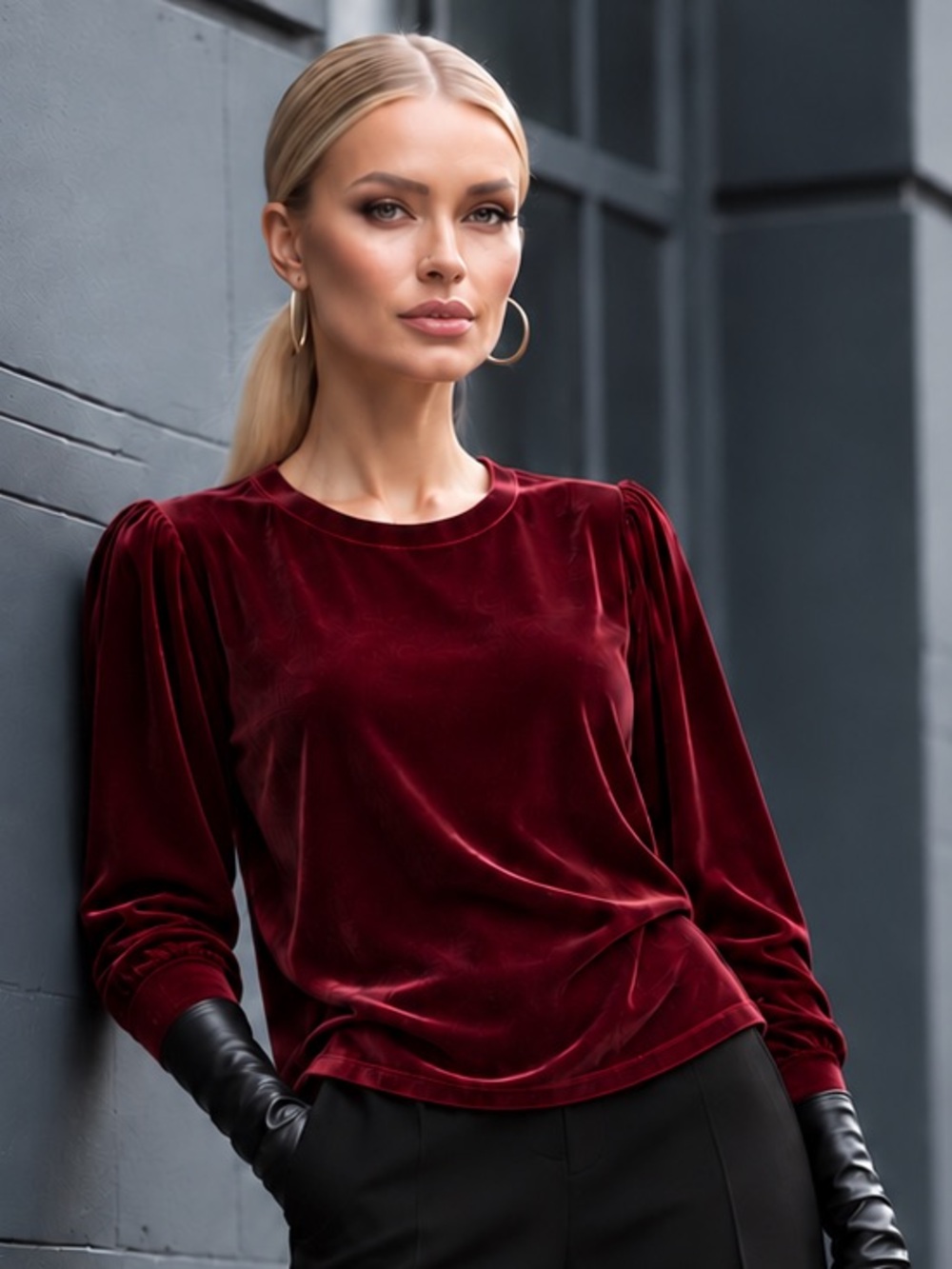 EILEEN FISHER VELVET SILK BOX TOP ROUND NECK BURGUNDY RED TOP LARGE